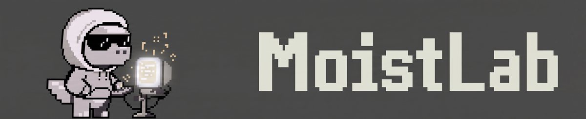 MoistRex, a pixel dinosaur in a hoodie and sunglasses beside a glowing terminal, next to the word MoistLab